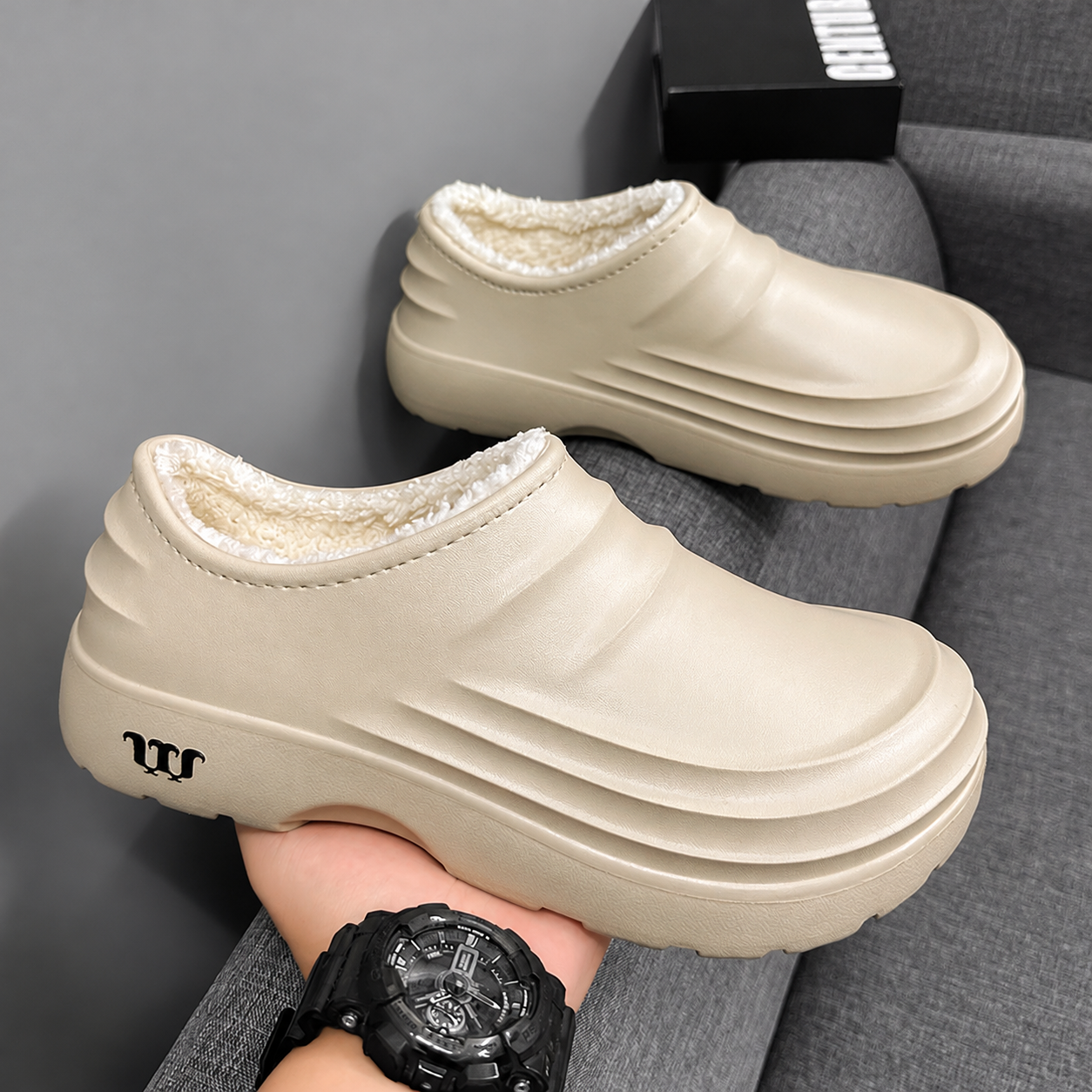 Rovelle Beige plush lined slip-on clogs, pair showing sculpted EVA shape and plush interior