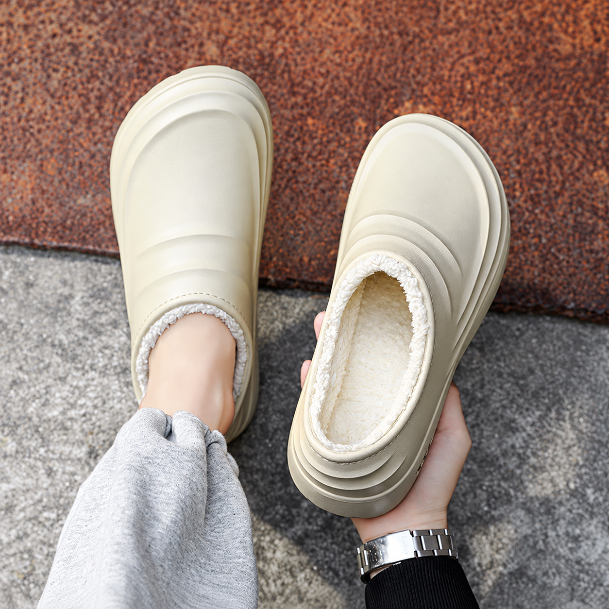 Rovelle Beige plush lined slip-on clogs worn on foot, view 2