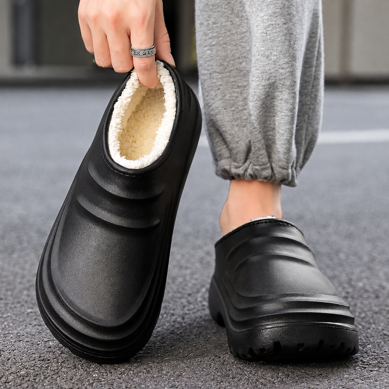 Rovelle Black plush lined slip-on clogs, on-foot and interior view