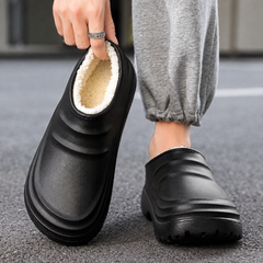 Rovelle Black plush lined slip-on clogs, on-foot and interior view
