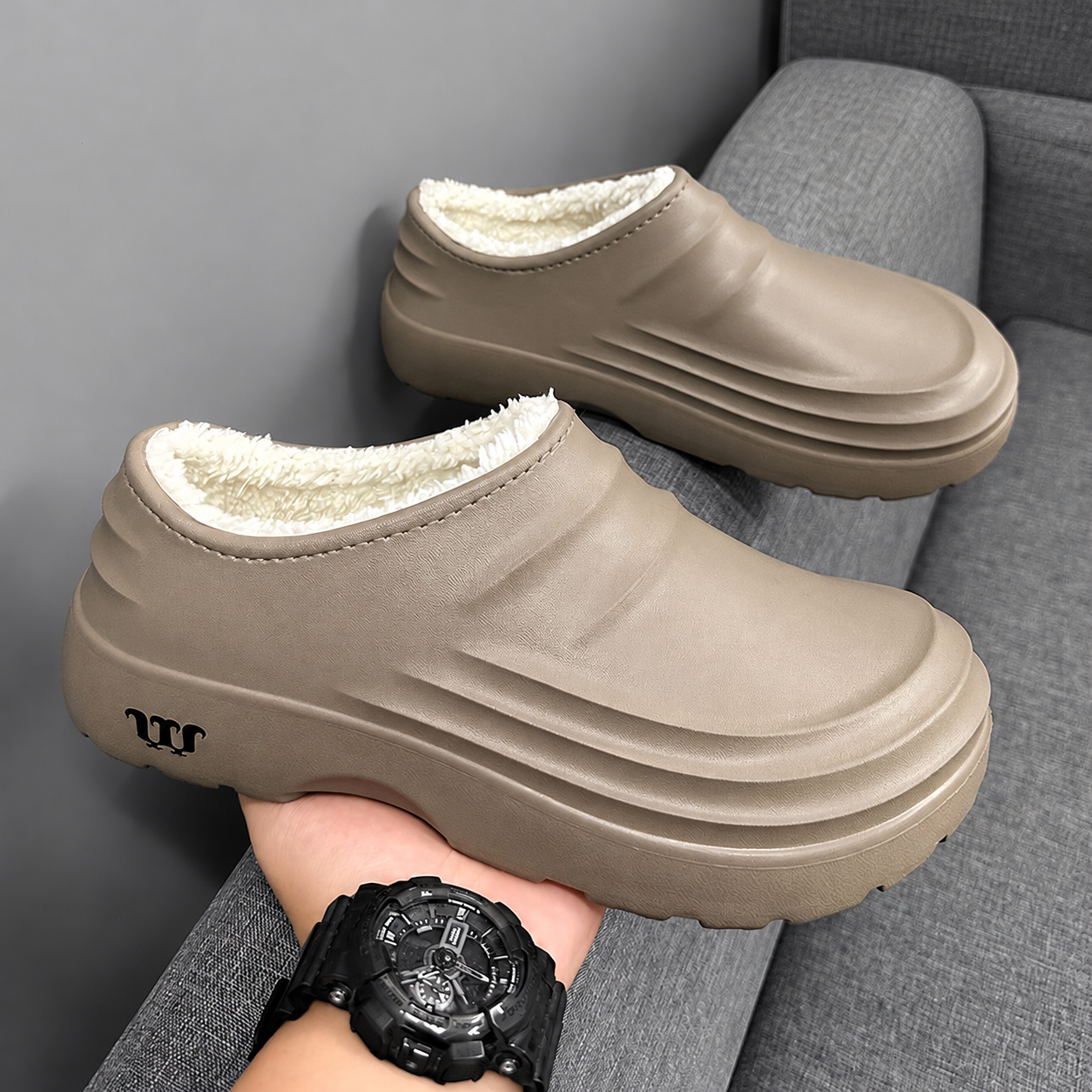 Rovelle Light Brown plush lined slip-on clogs, pair showing sculpted EVA shape and plush interior