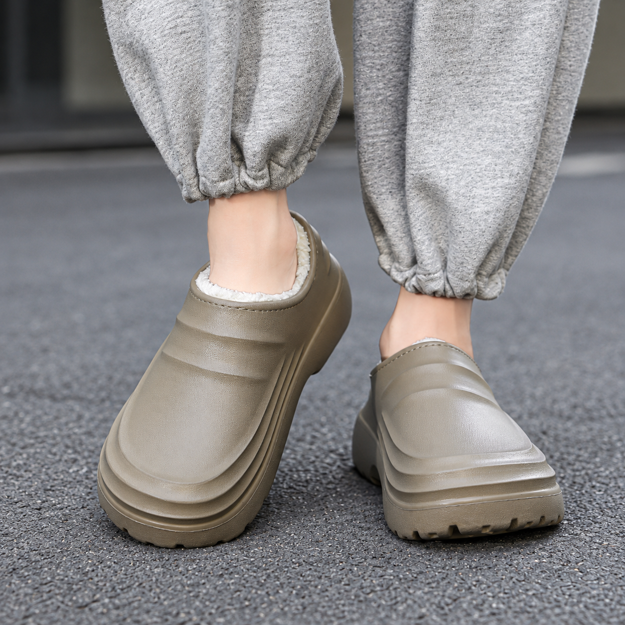 Rovelle Light Brown plush lined slip-on clogs worn on foot, view 1
