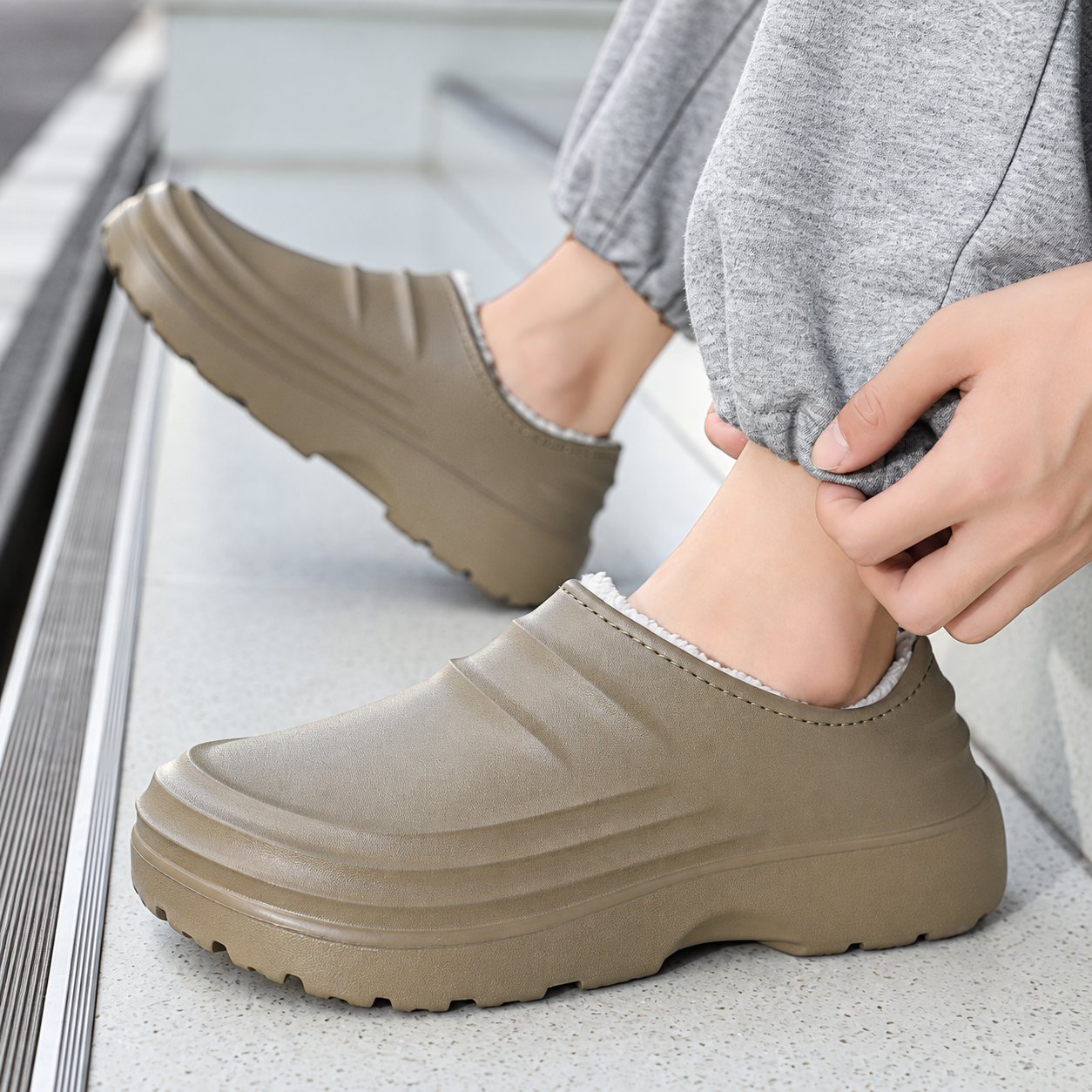 Rovelle Light Brown plush lined slip-on clogs worn on foot, view 2