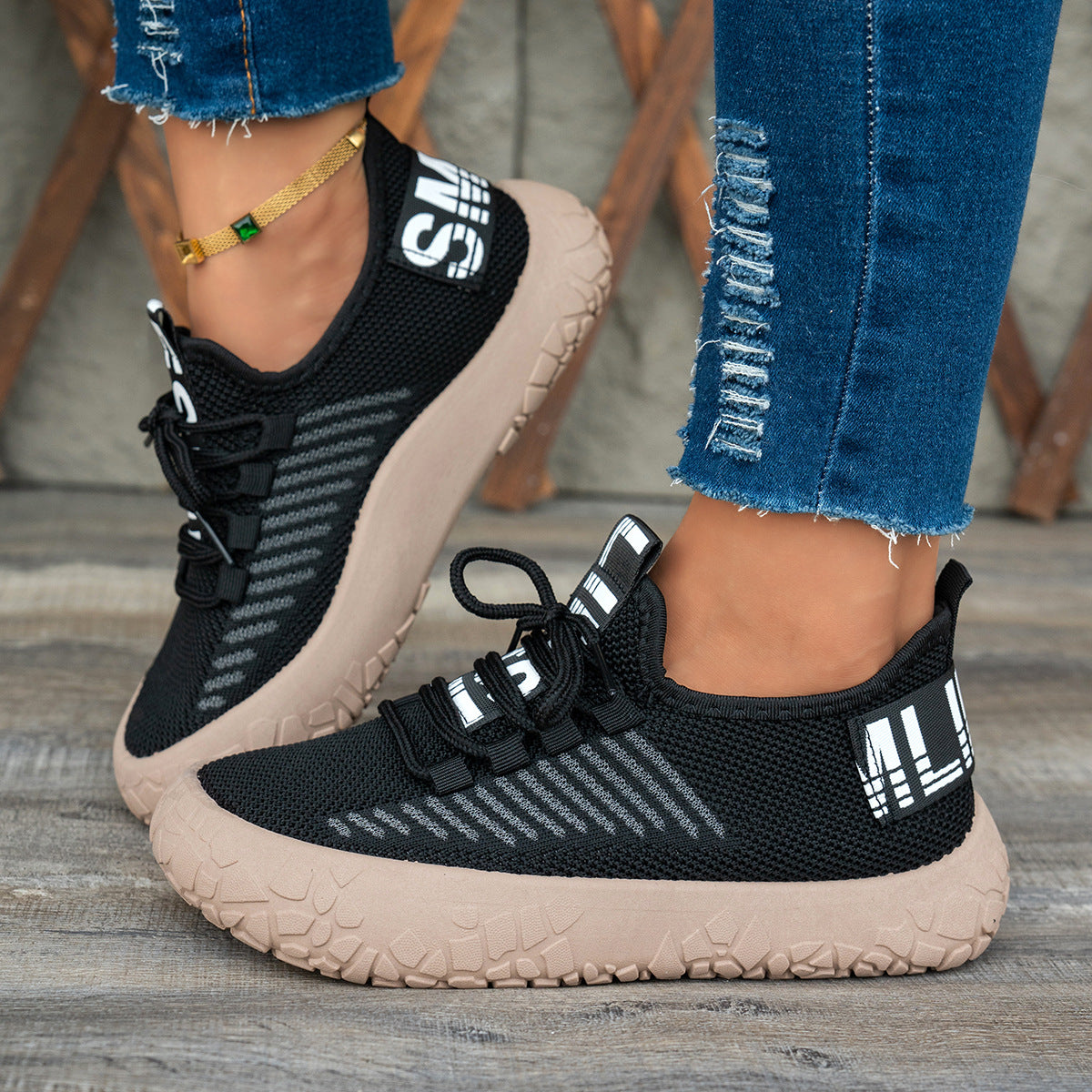 Kestielle Black knit slip-on sneakers with laces and chunky textured sole, view 2