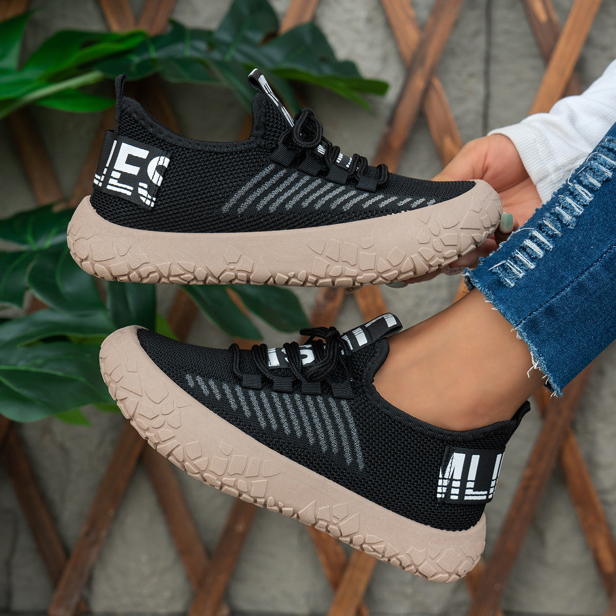 Kestielle Black knit slip-on sneakers with laces and chunky textured sole, view 3