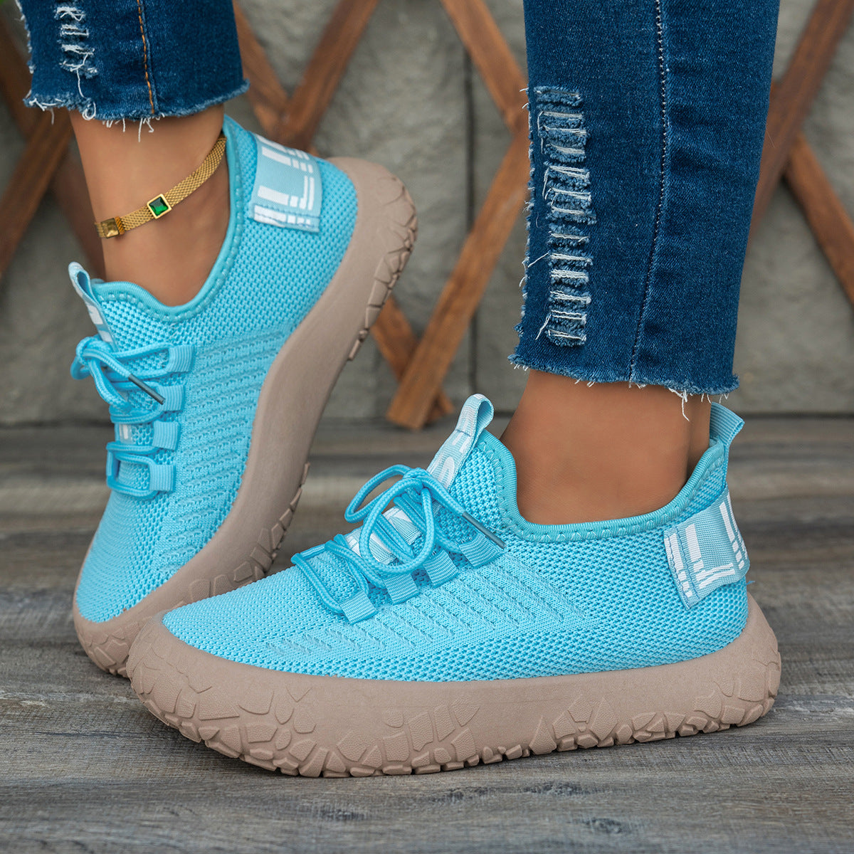 Kestielle Blue knit slip-on sneakers with laces and chunky textured sole, view 2