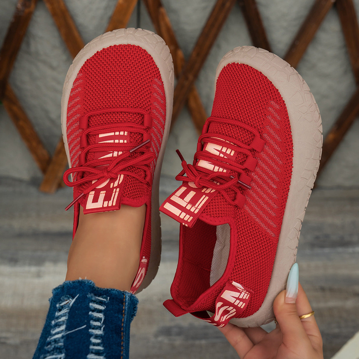 Kestielle Red knit slip-on sneakers with laces and chunky textured sole, view 3