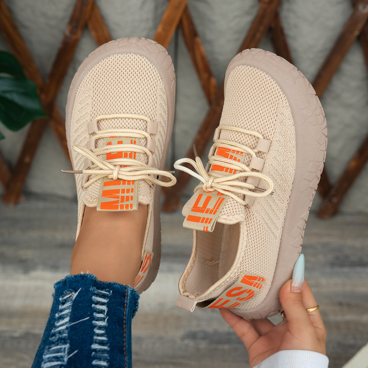 Kestielle Khaki knit slip-on sneakers with laces and chunky textured sole, view 3