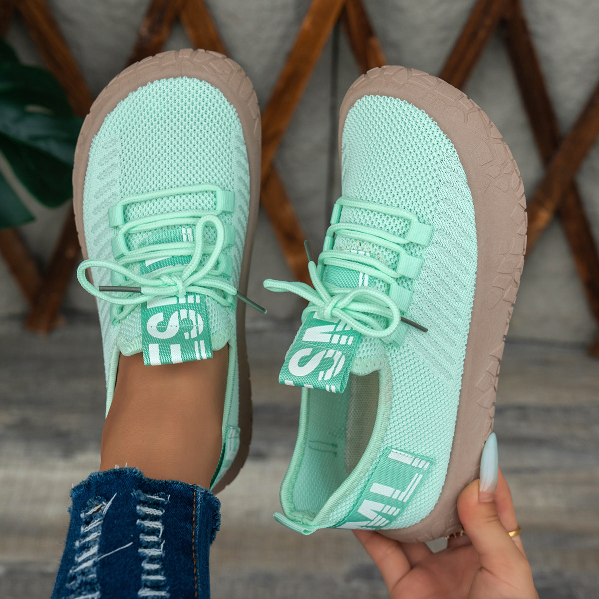 Kestielle Light Green knit slip-on sneakers with laces and chunky textured sole, view 2