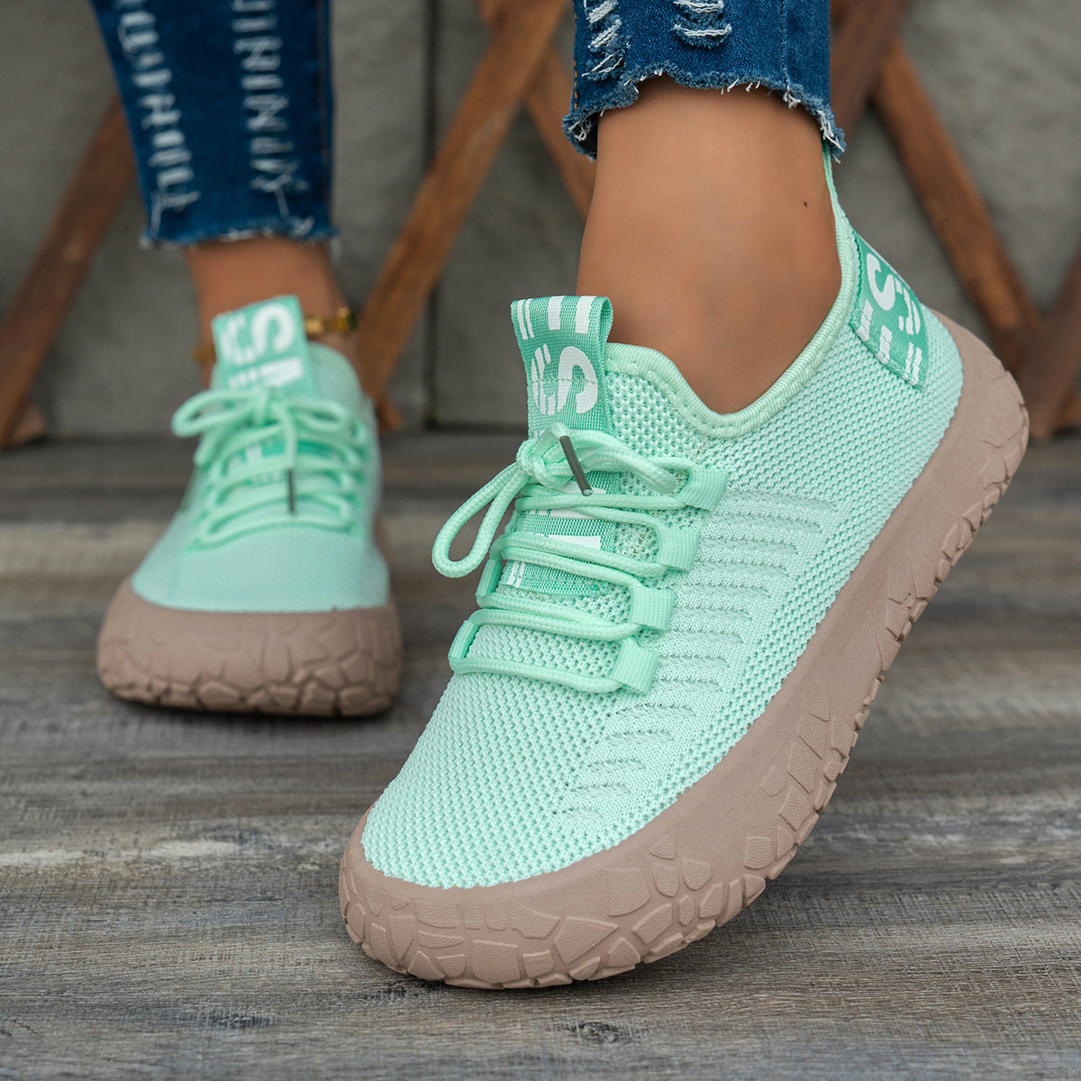 Kestielle Light Green knit slip-on sneakers with laces and chunky textured sole, view 3
