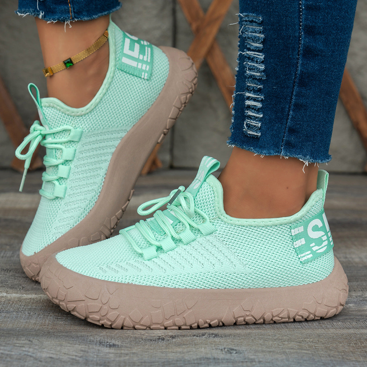 Kestielle Light Green knit slip-on sneakers with laces and chunky textured sole, view 4