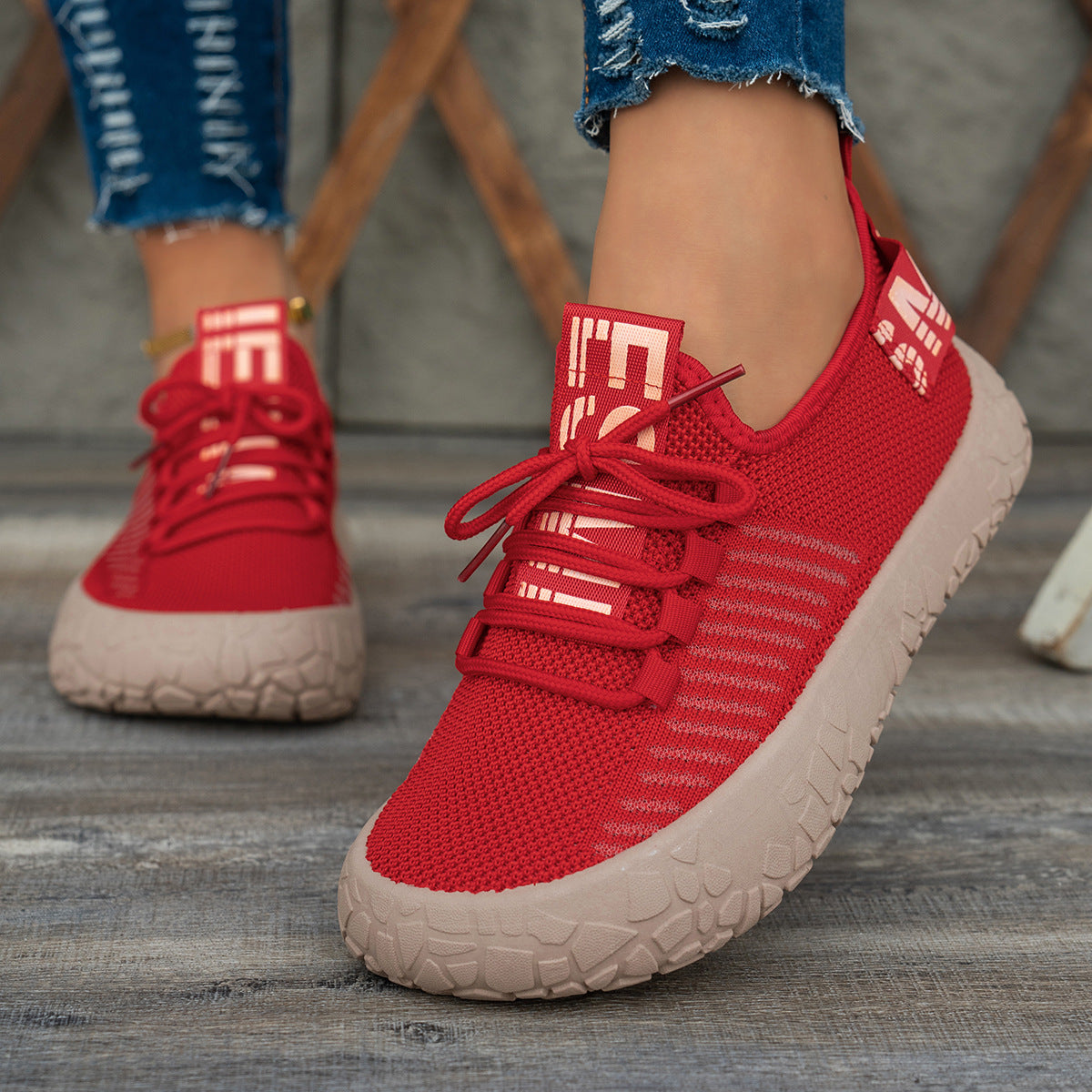 Kestielle Red knit slip-on sneakers with laces and chunky textured sole, view 2