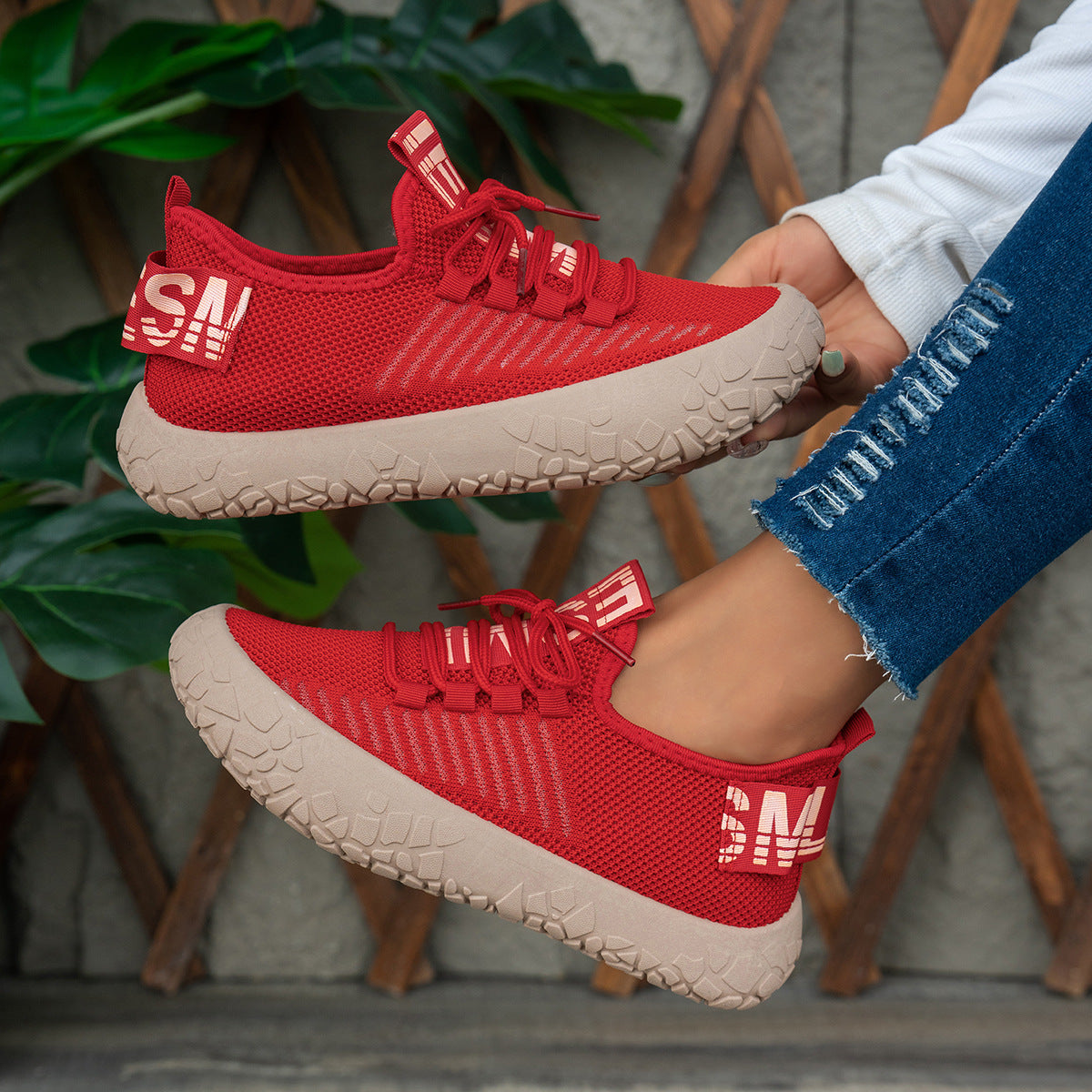 Kestielle Red knit slip-on sneakers with laces and chunky textured sole, view 4