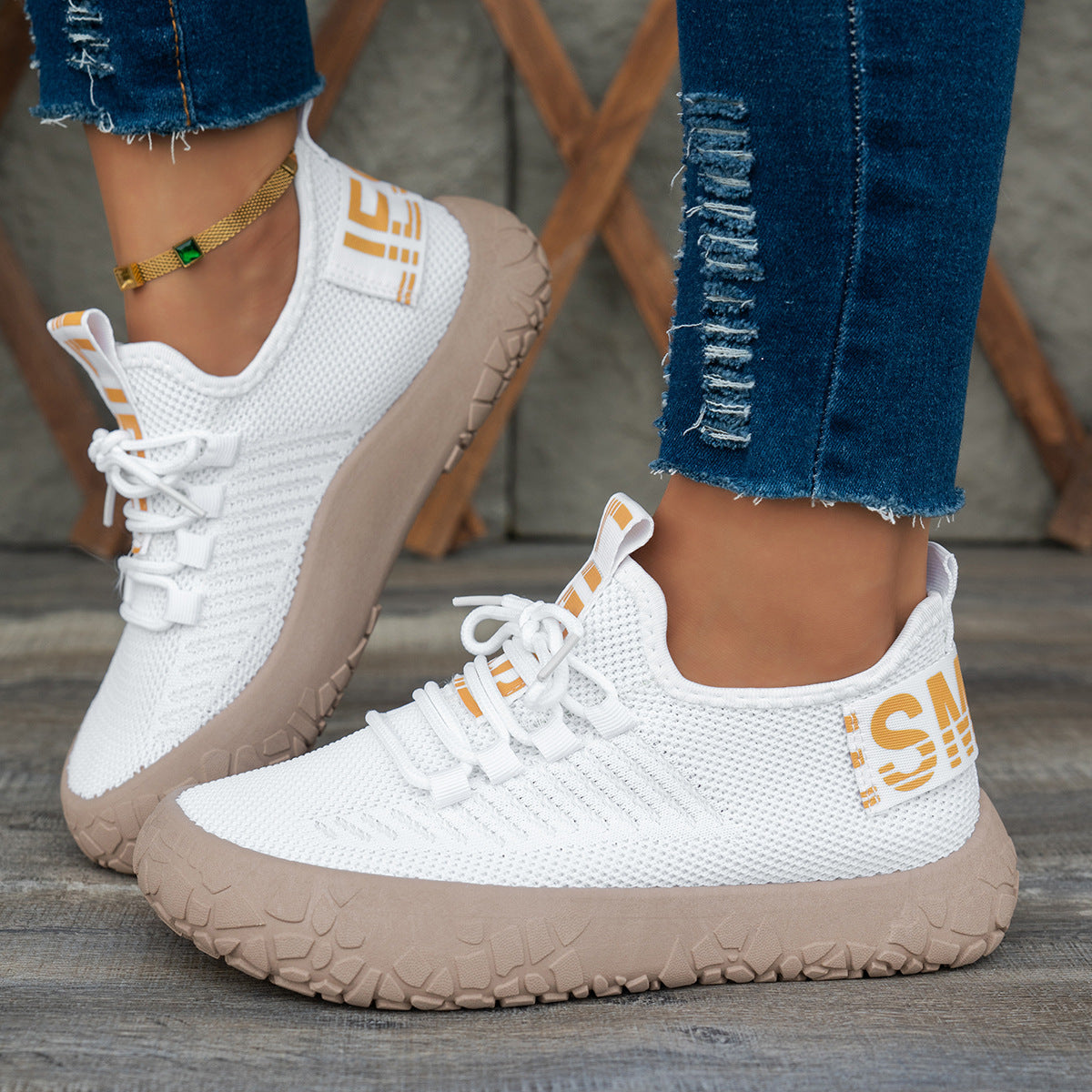 Kestielle White knit slip-on sneakers with laces and chunky textured sole, view 2
