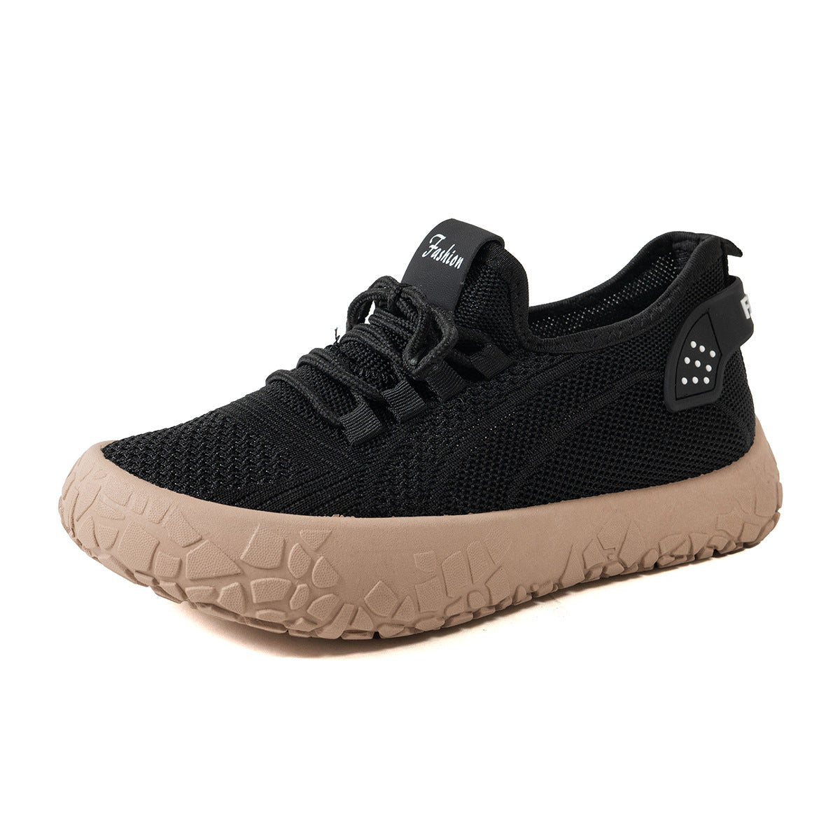 Thessalie Black knit sneakers with laces and taupe textured sole