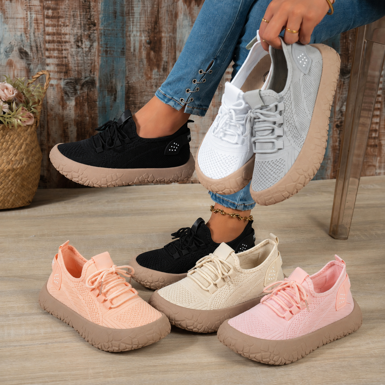 Thessalie knit sneakers in Black, White, Pink, Khaki and Orange