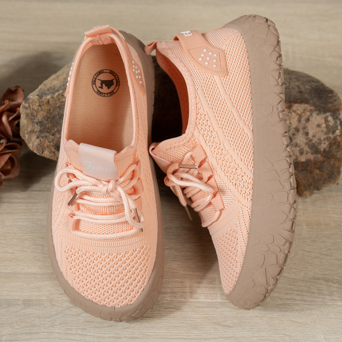 Thessalie Orange knit sneakers with laces and taupe textured sole