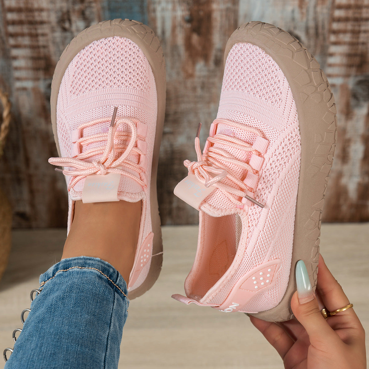 Thessalie Pink knit sneakers with laces and taupe textured sole