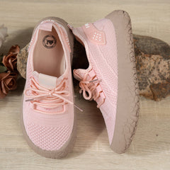 Thessalie Pink knit sneakers with laces and taupe textured sole