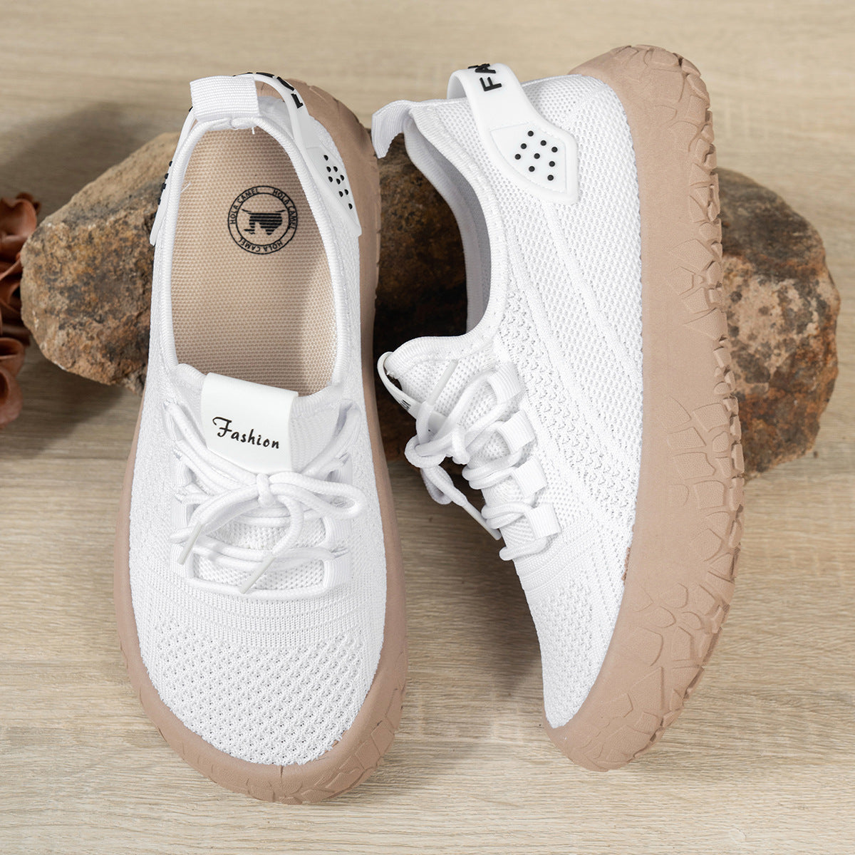 Thessalie White knit sneakers with laces and taupe textured sole