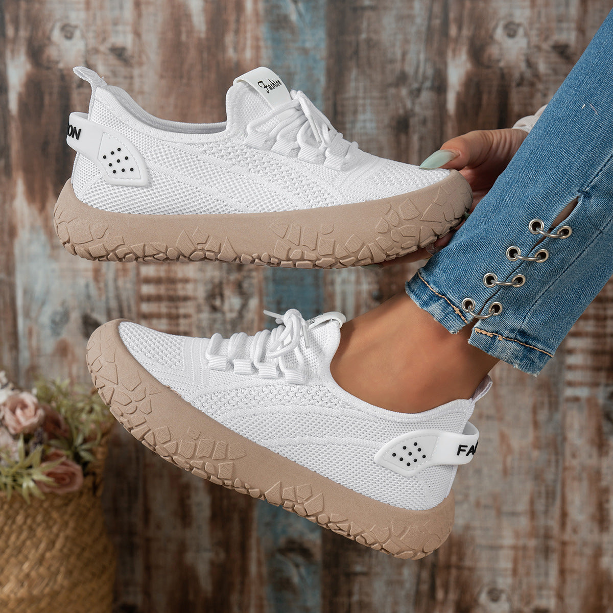 Thessalie White knit sneakers with laces and taupe textured sole