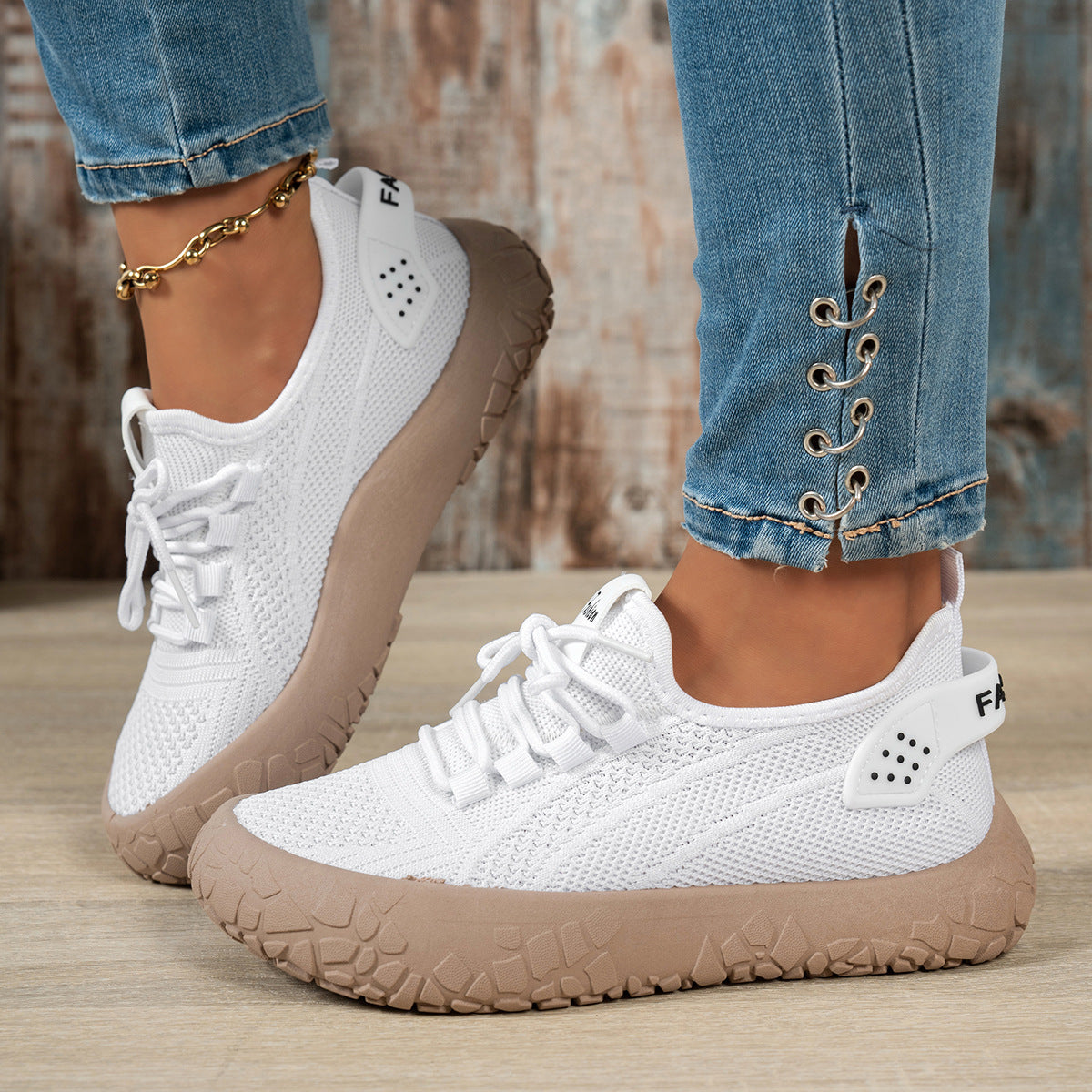 Thessalie White knit sneakers with laces and taupe textured sole