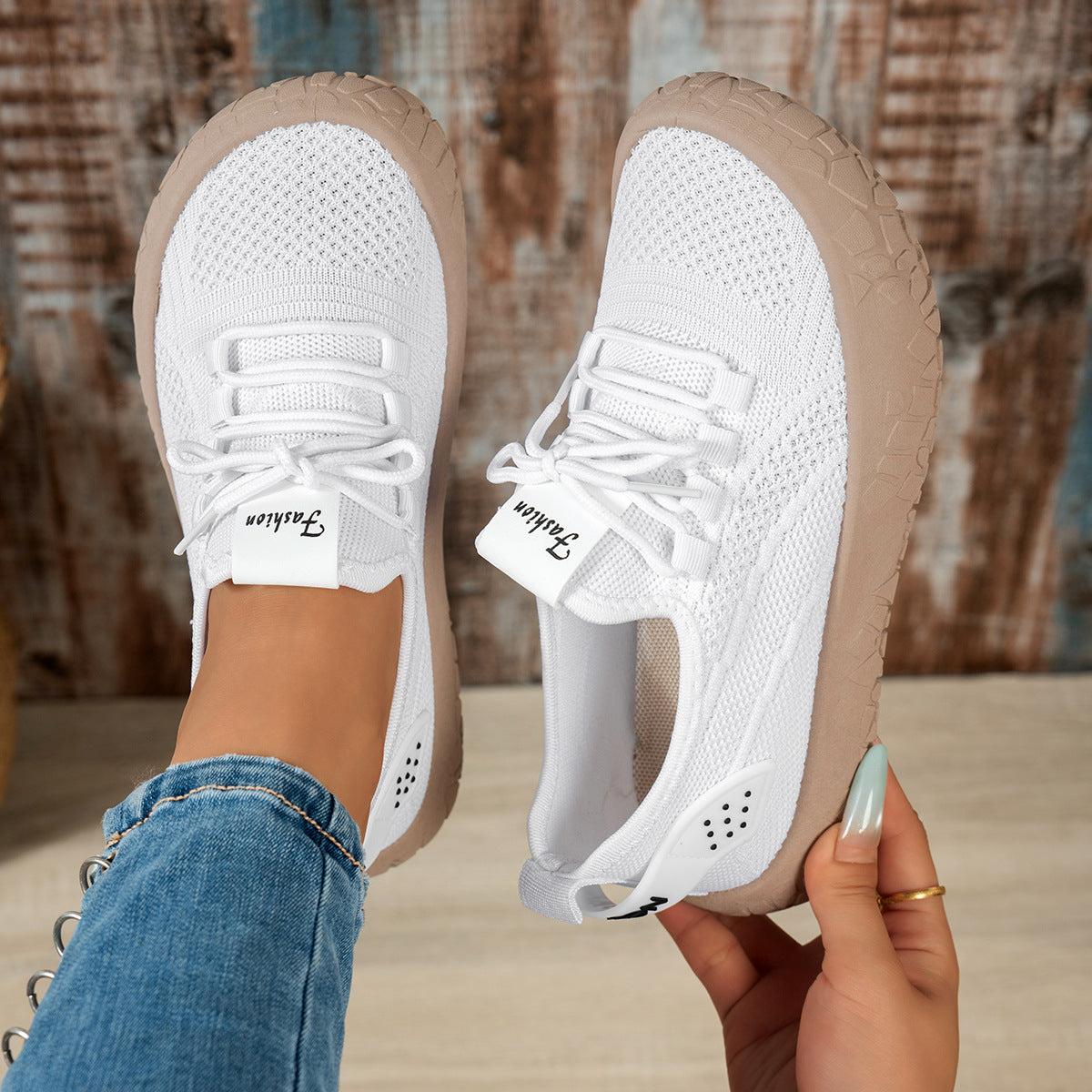 Thessalie White knit sneakers with laces and taupe textured sole