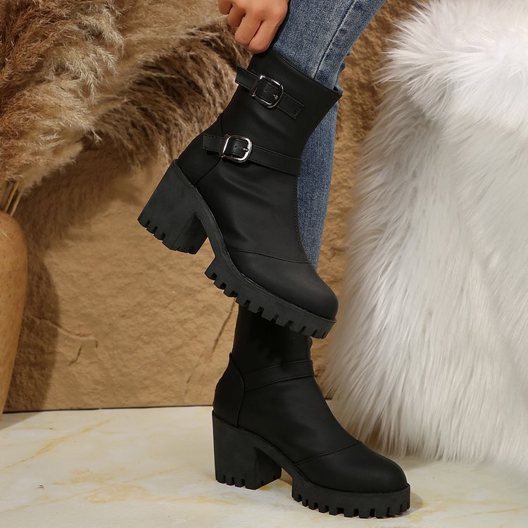 Orvessa Black double-buckle ankle boots with chunky block heel and lug sole