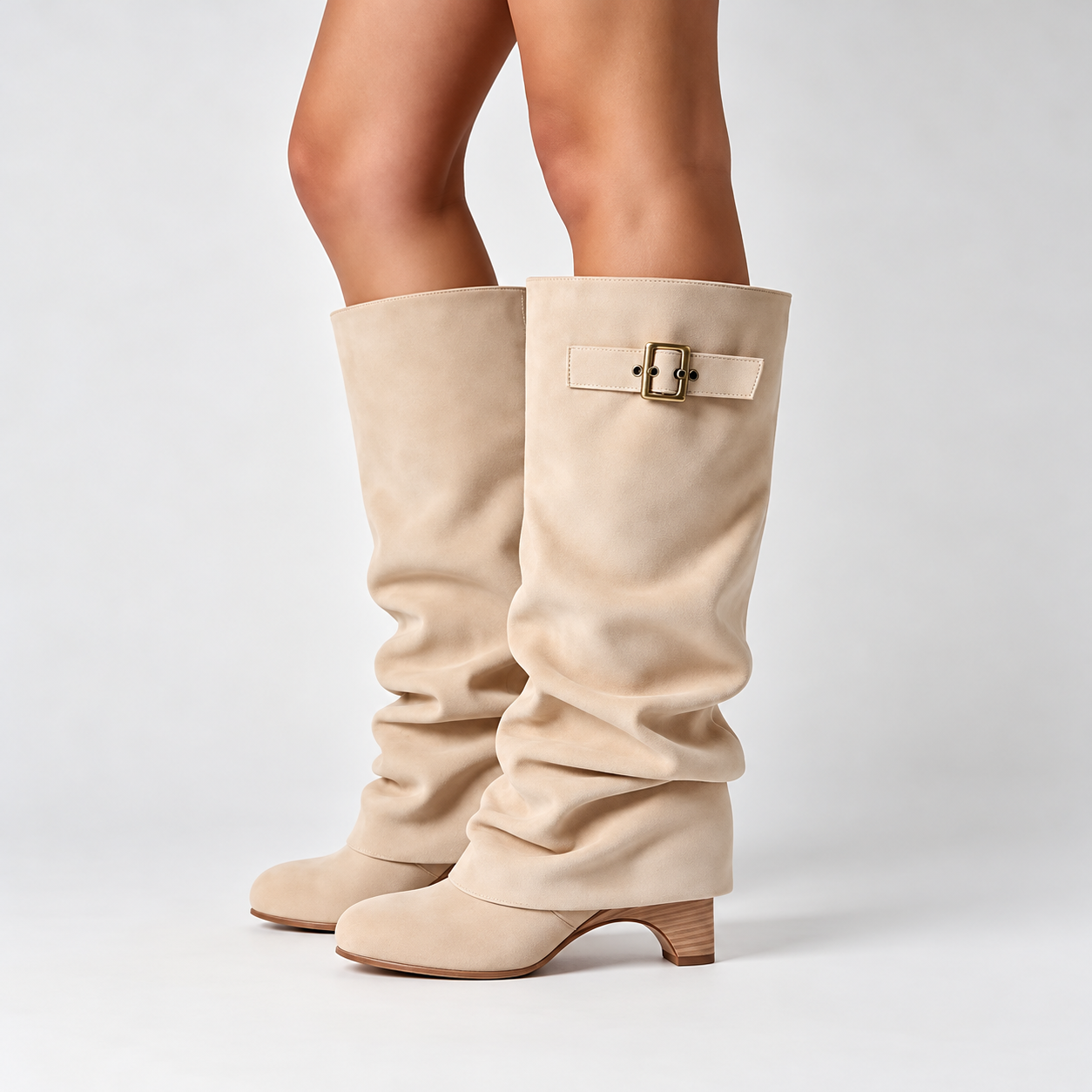 Beige slouch knee-high boots with buckle strap and 8 cm block heel