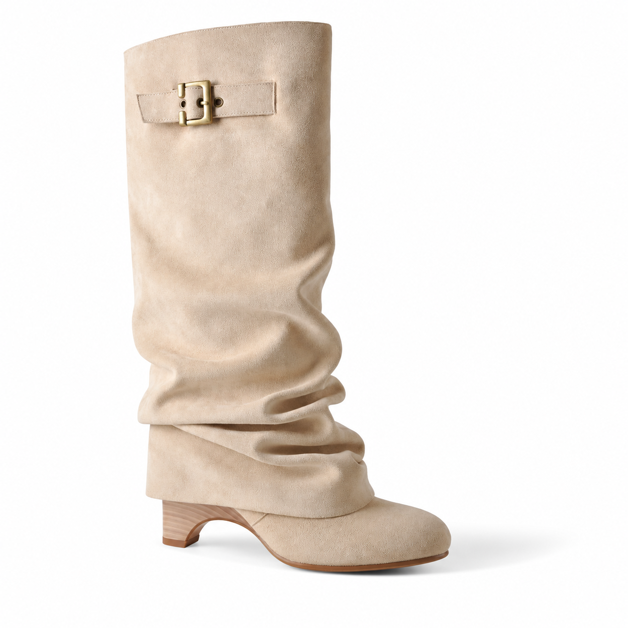 Beige slouch knee-high boots with buckle strap and 8 cm block heel