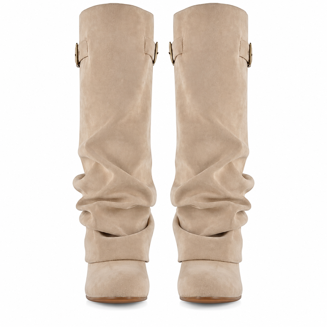 Beige slouch knee-high boots with buckle strap and 8 cm block heel