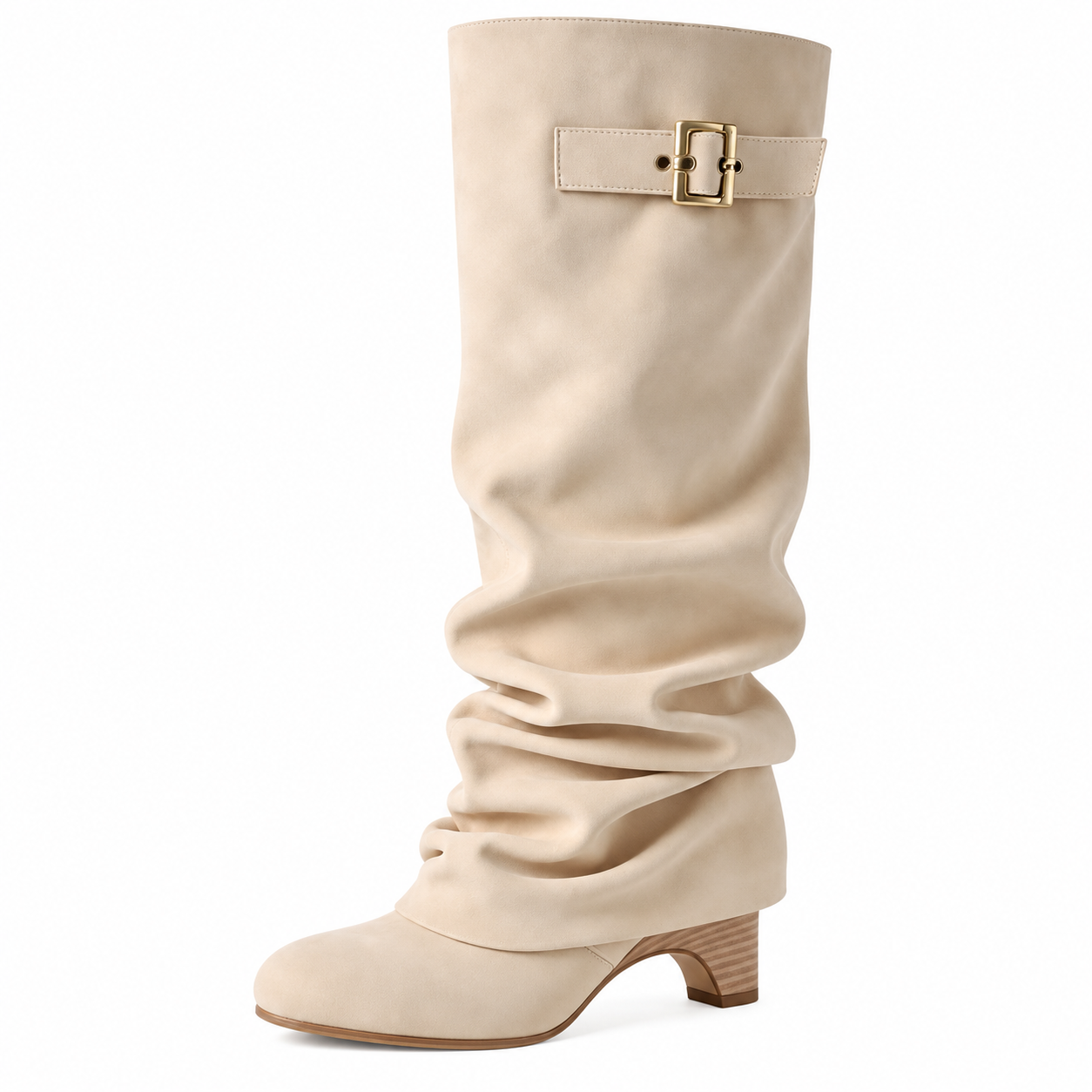 Beige slouch knee-high boots with buckle strap and 8 cm block heel