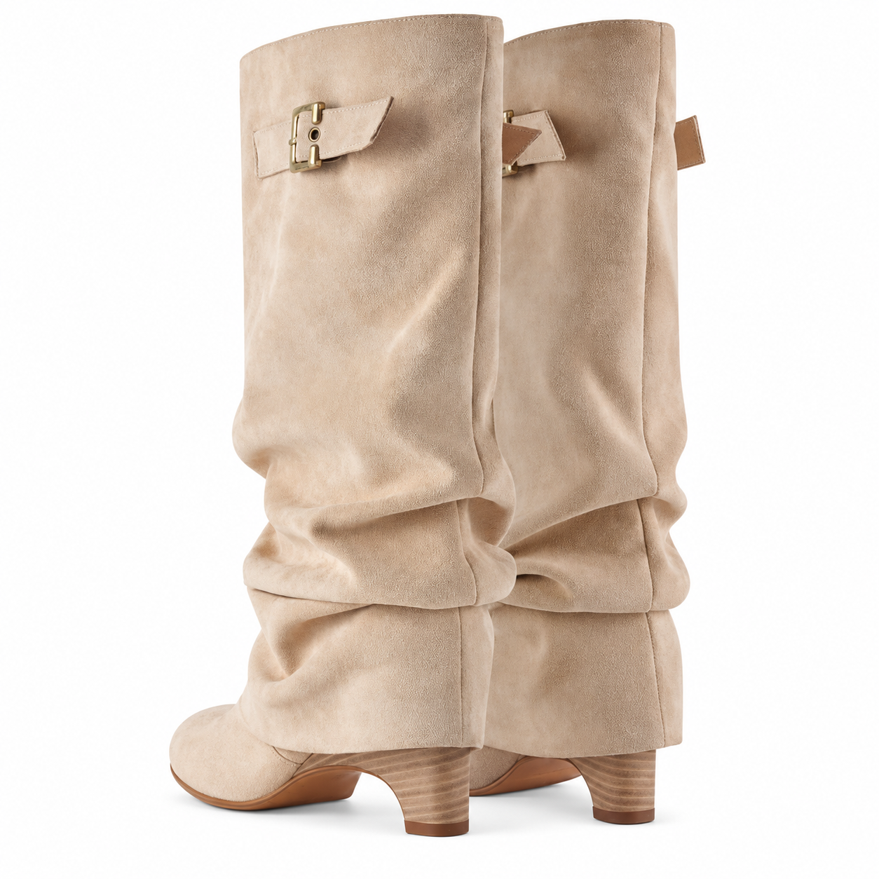 Beige slouch knee-high boots with buckle strap and 8 cm block heel