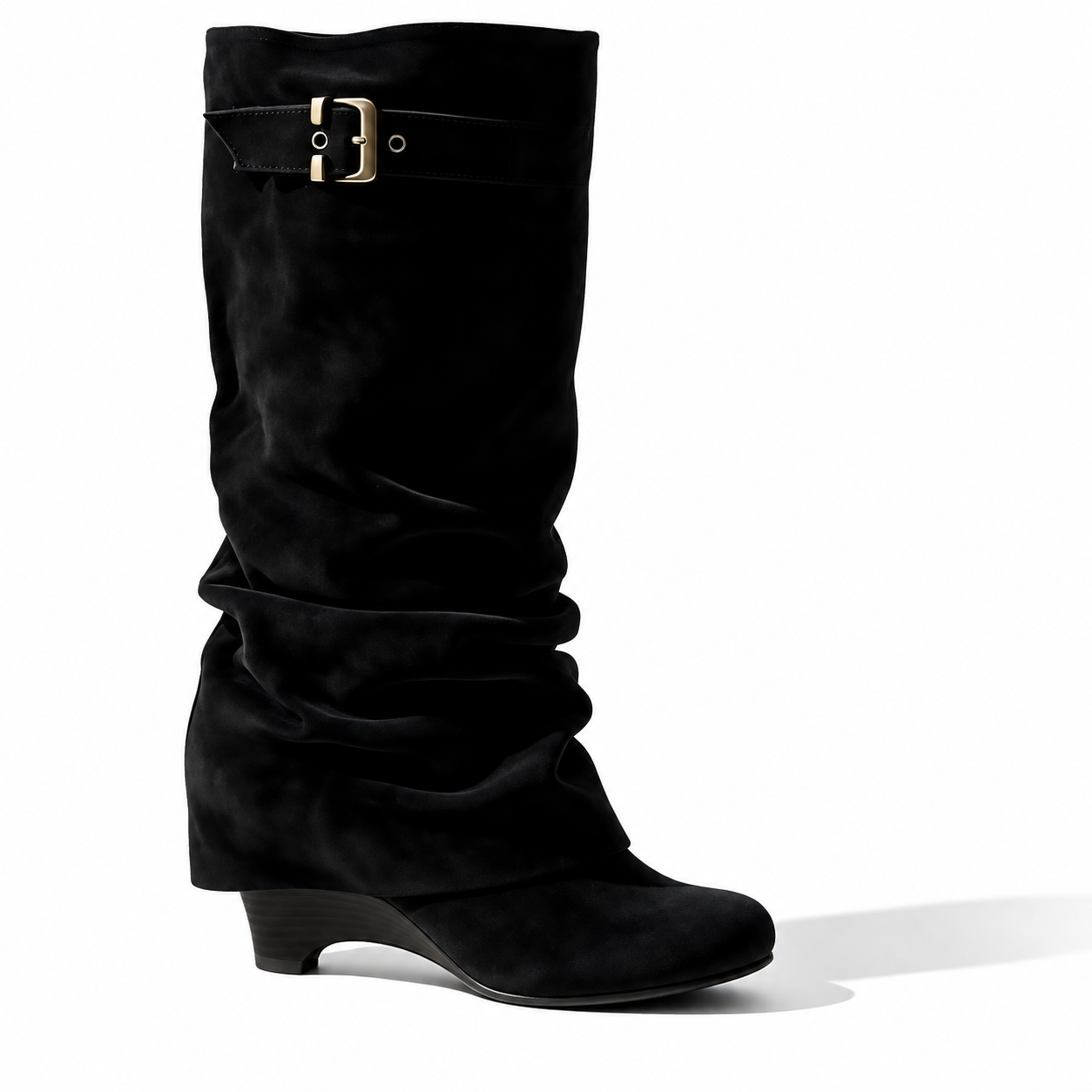 Black slouch knee-high boots with buckle strap and 8 cm block heel