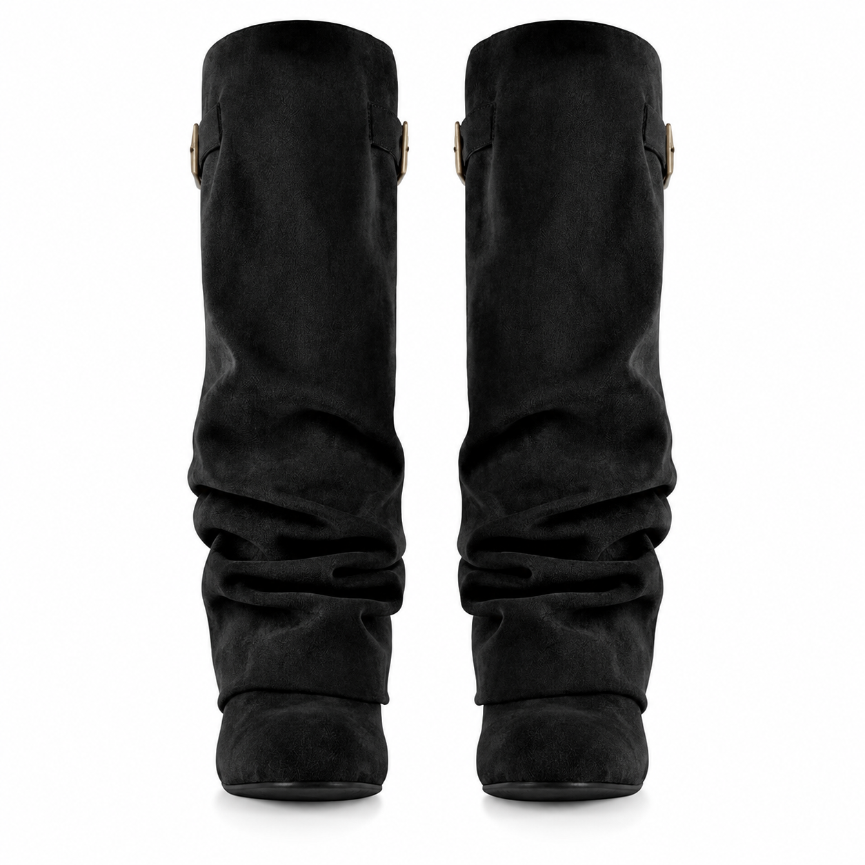 Black slouch knee-high boots with buckle strap and 8 cm block heel