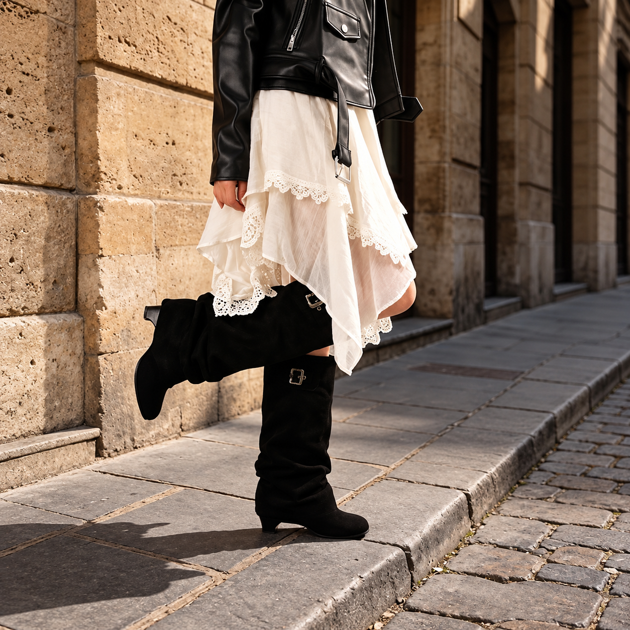 Black slouch knee-high boots with buckle strap and 8 cm block heel