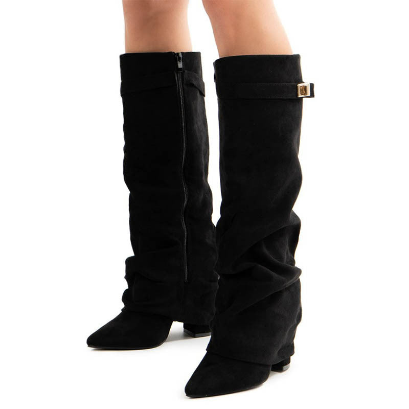 Black slouch knee-high boots with buckle strap and 8 cm block heel