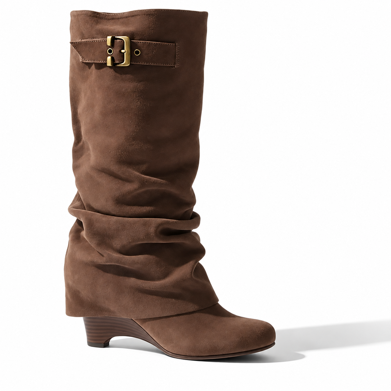 Coffee slouch knee-high boots with buckle strap and 8 cm block heel