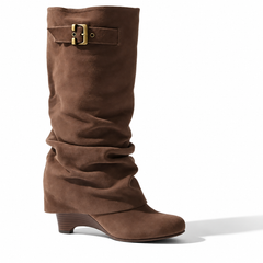 Coffee slouch knee-high boots with buckle strap and 8 cm block heel