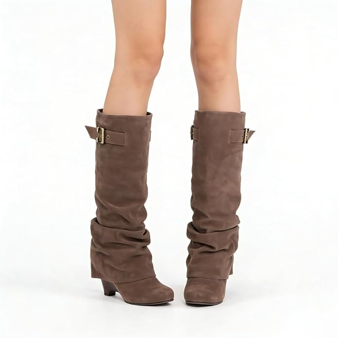 Coffee slouch knee-high boots with buckle strap and 8 cm block heel