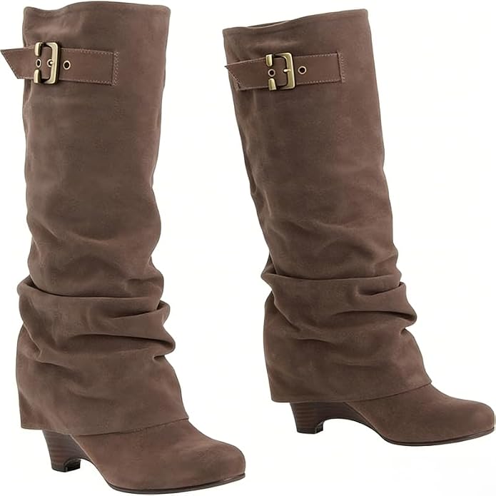 Coffee slouch knee-high boots with buckle strap and 8 cm block heel