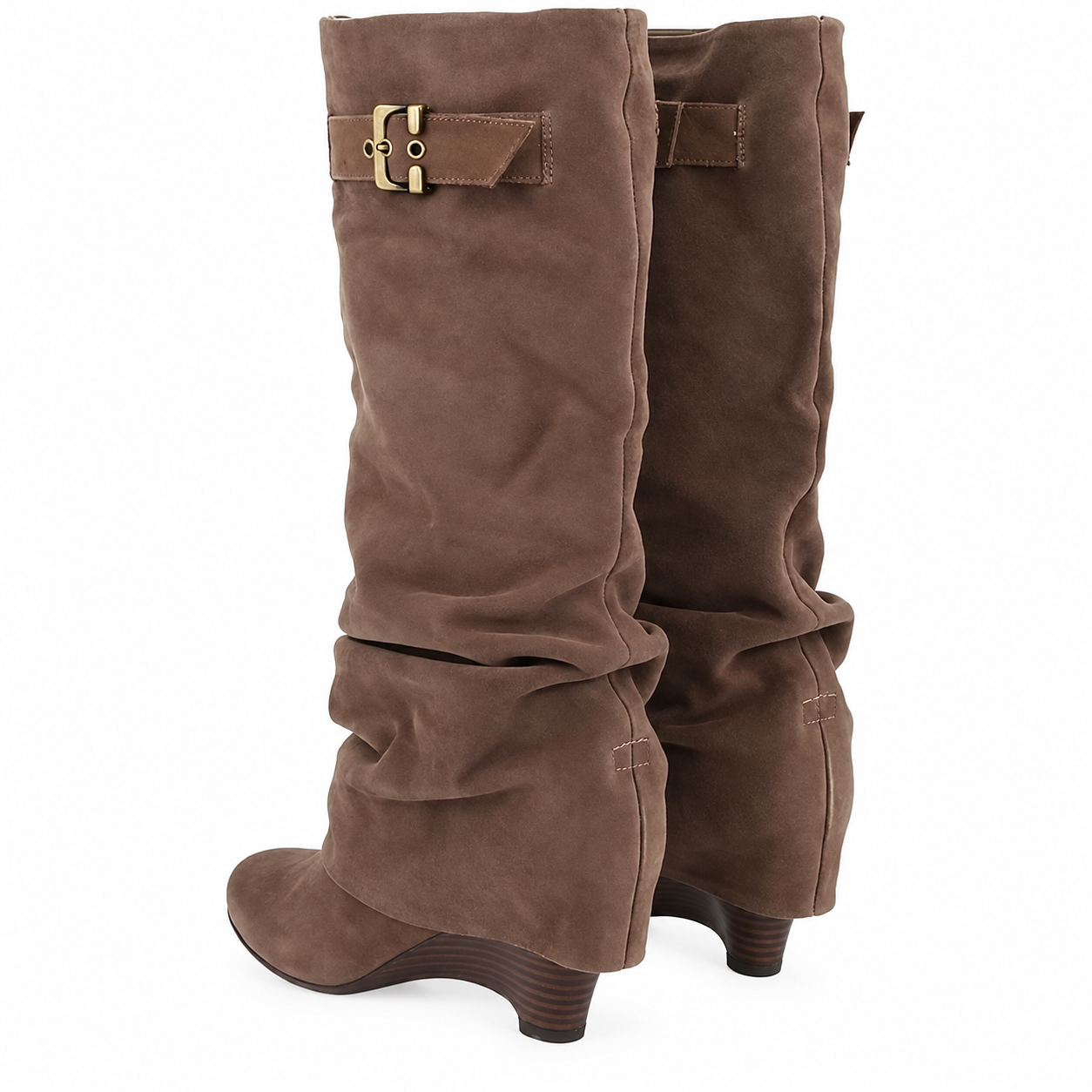 Coffee slouch knee-high boots with buckle strap and 8 cm block heel