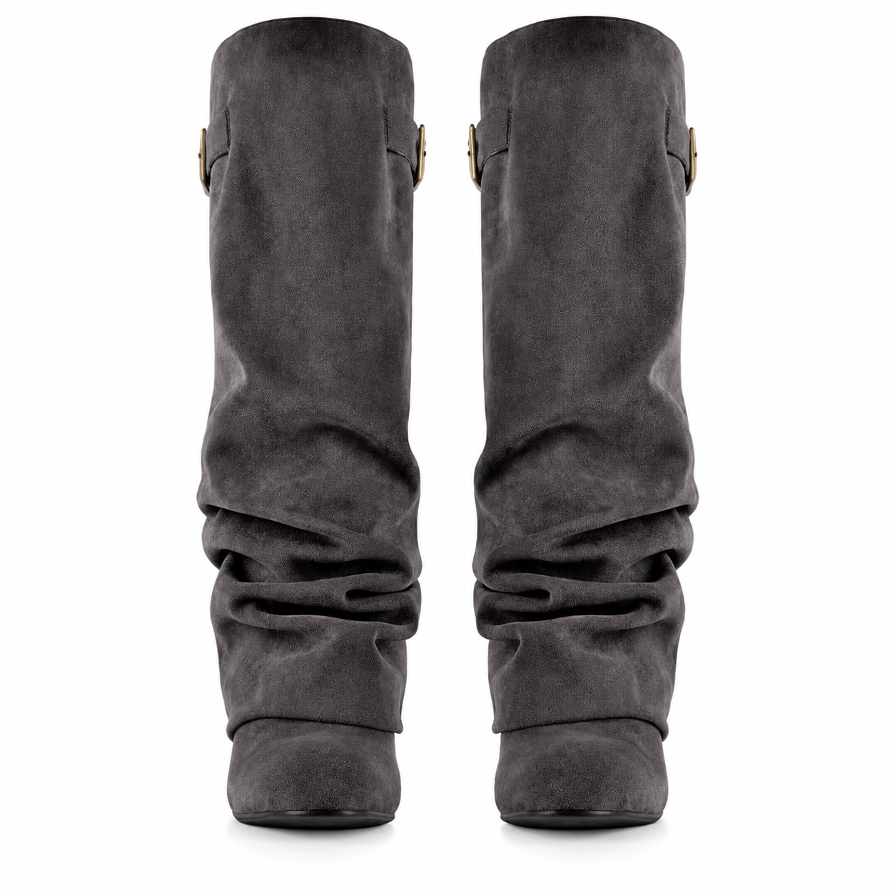 Dark Gray slouch knee-high boots with buckle strap and 8 cm block heel