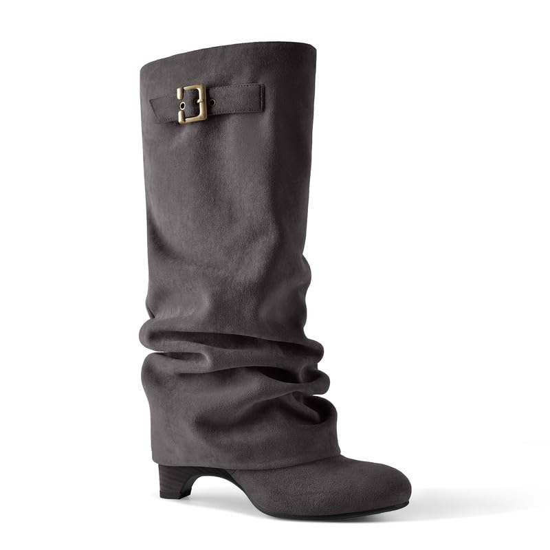 Dark Gray slouch knee-high boots with buckle strap and 8 cm block heel