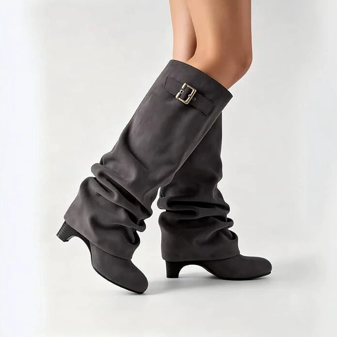 Dark Gray slouch knee-high boots with buckle strap and 8 cm block heel