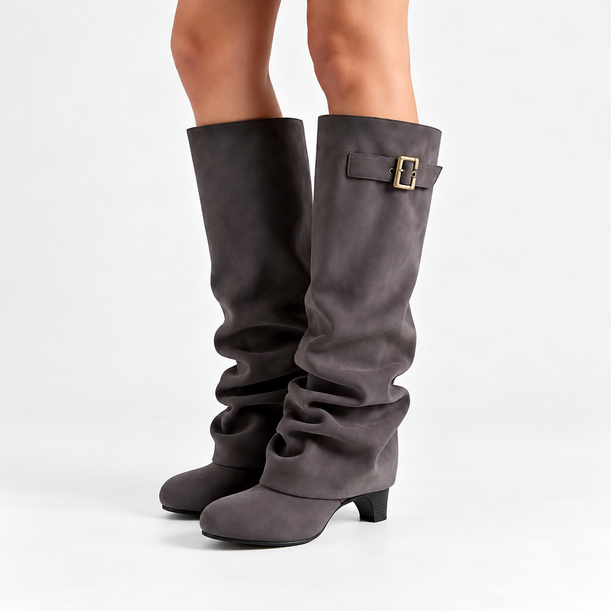 Dark Gray slouch knee-high boots with buckle strap and 8 cm block heel