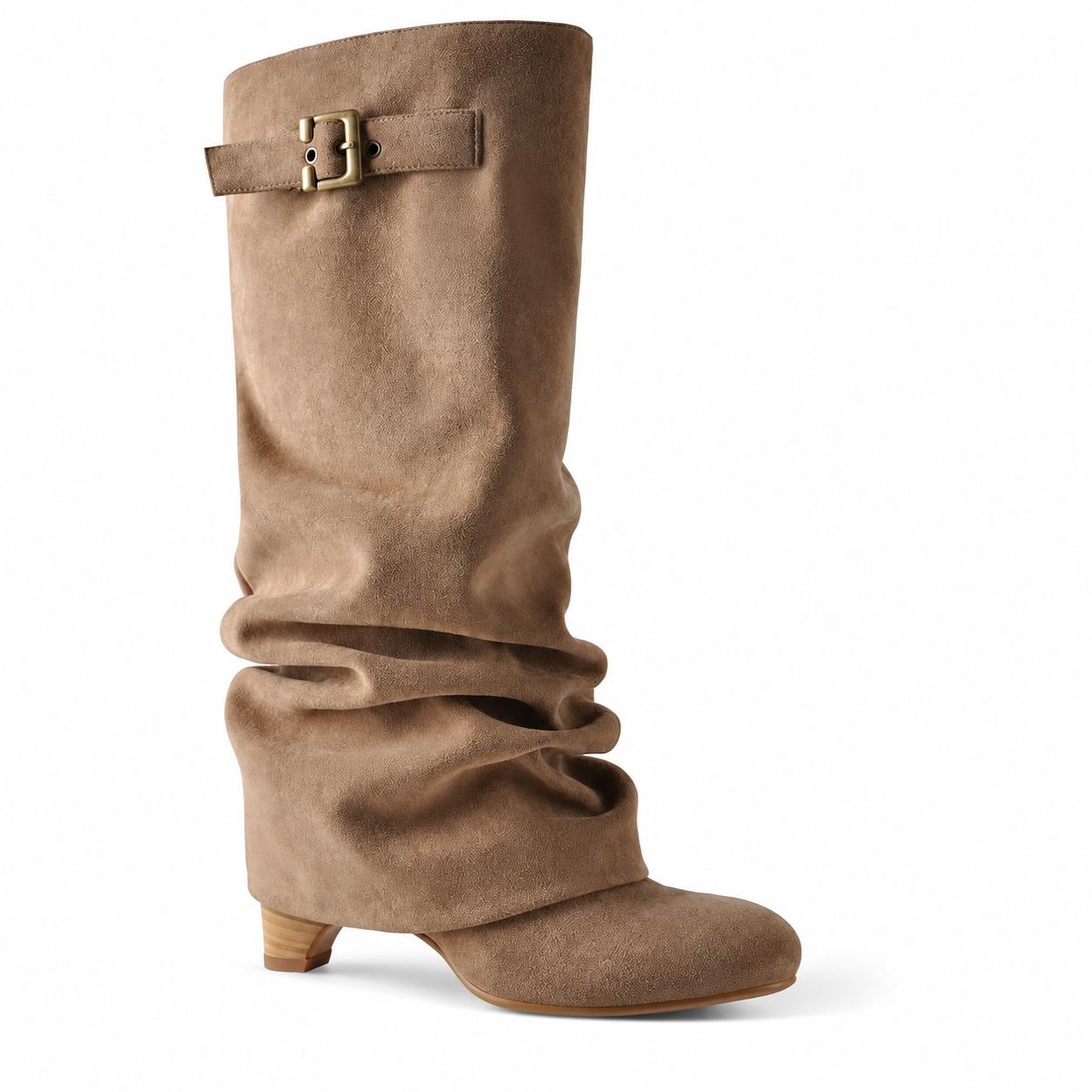 Khaki slouch knee-high boots with buckle strap and 8 cm block heel