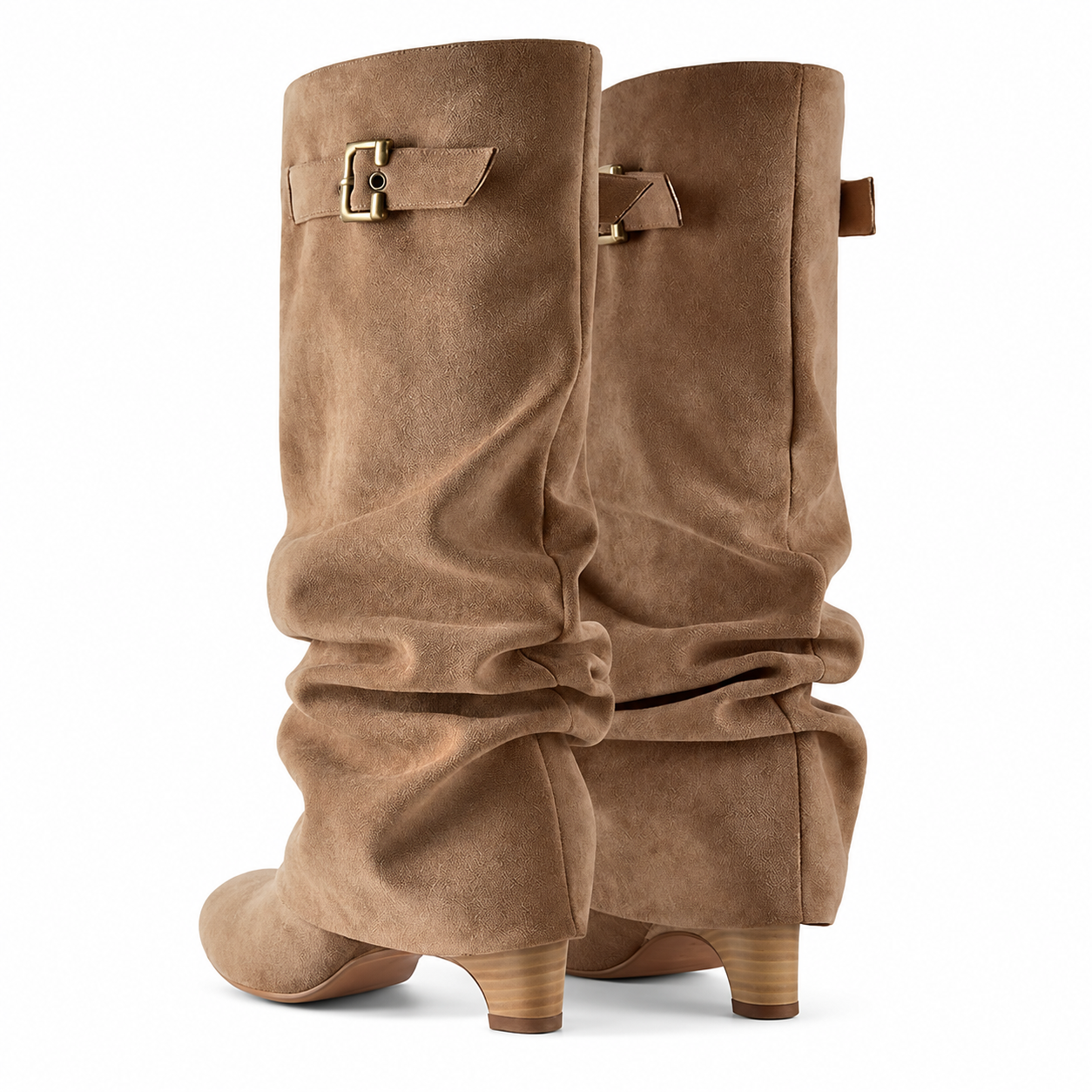 Khaki slouch knee-high boots with buckle strap and 8 cm block heel
