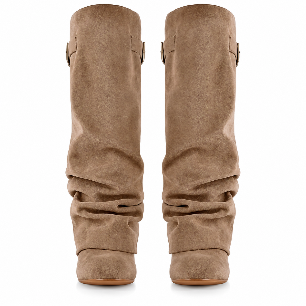 Khaki slouch knee-high boots with buckle strap and 8 cm block heel