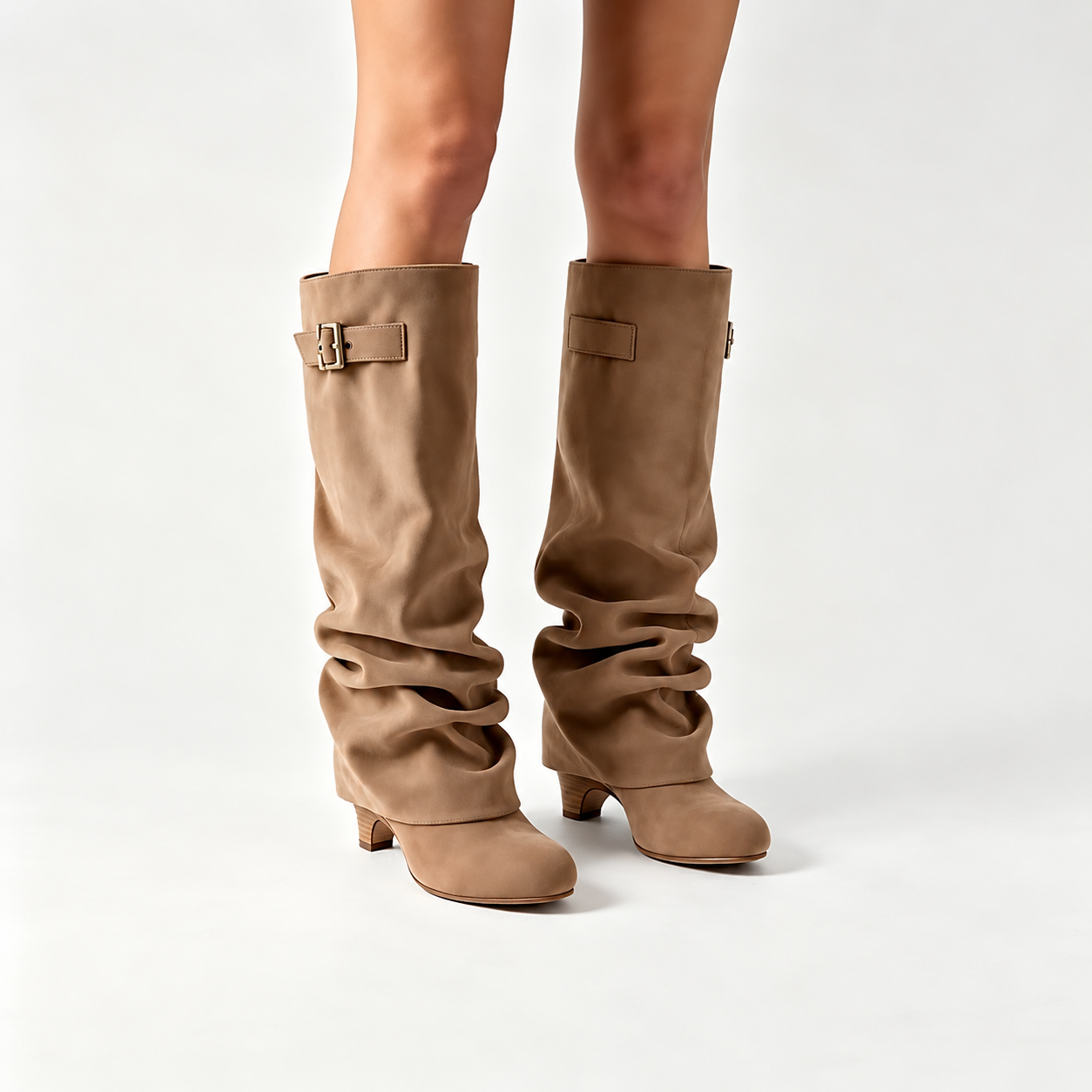 Khaki slouch knee-high boots with buckle strap and 8 cm block heel